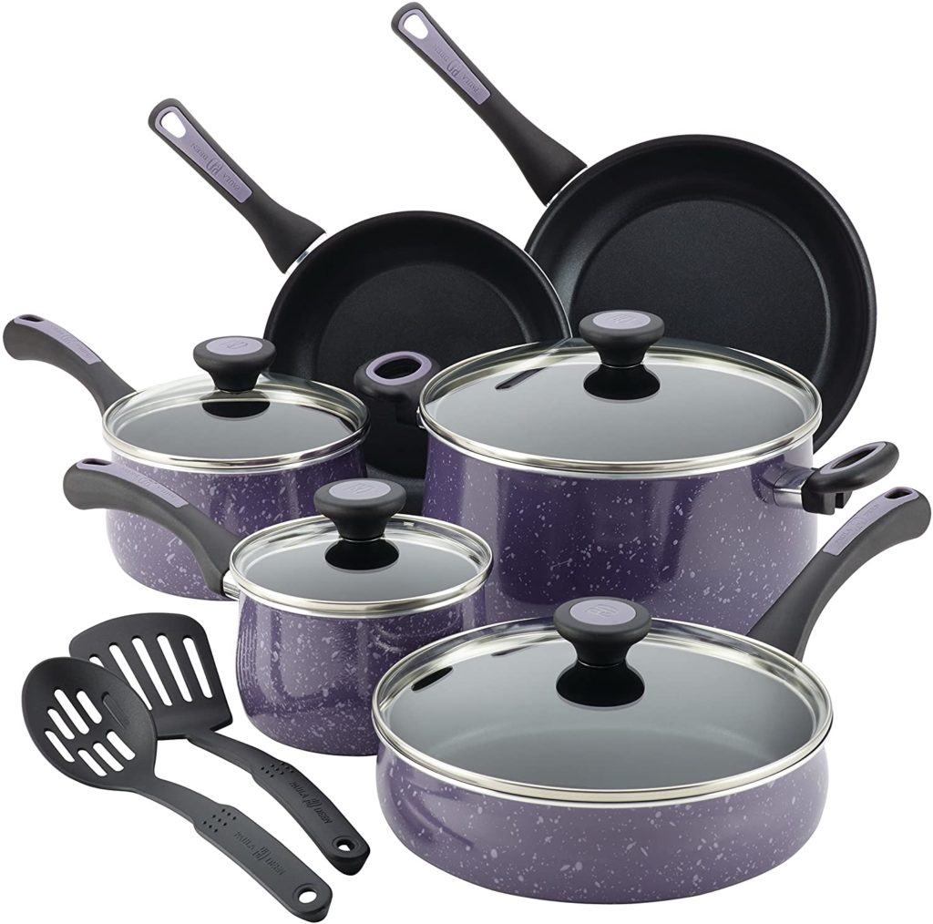 Paula Deen Riverbend 12-Piece NonStick Speckled Purple Cookware Set.