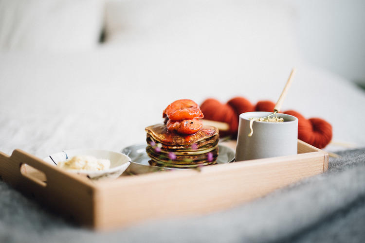 Kefir pancakes with vanilla poached plums