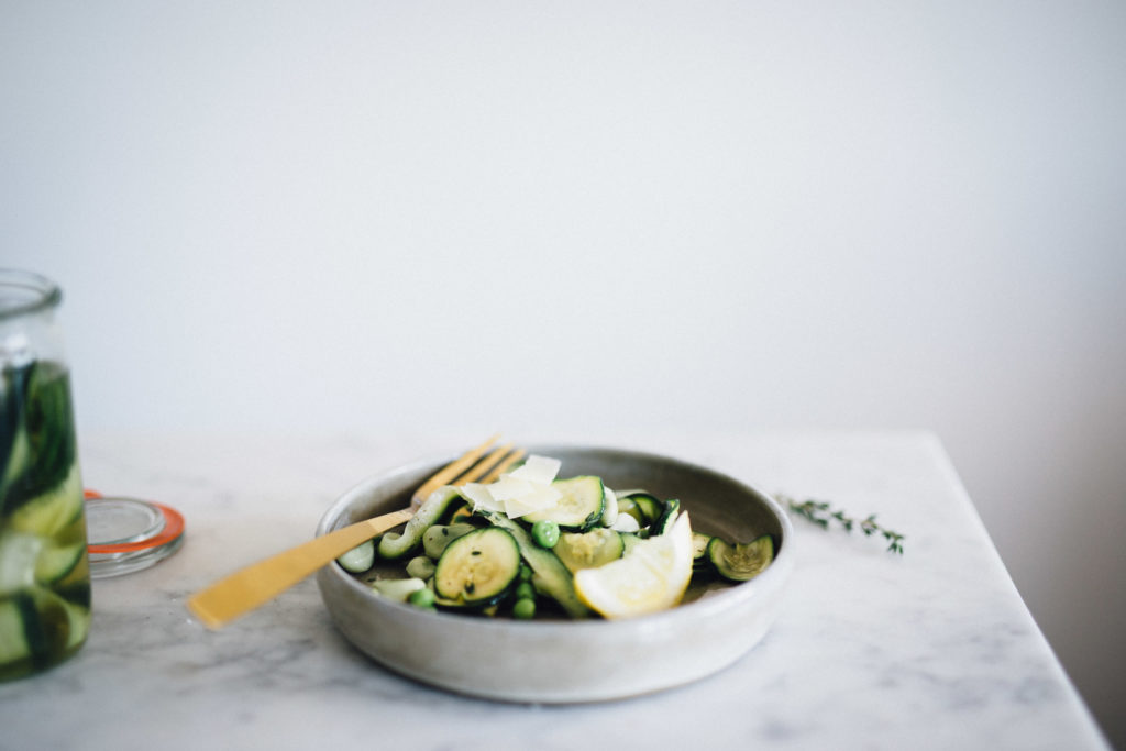 Spring Salad With Fried Zucchini, Peas and Pickled Cucumber