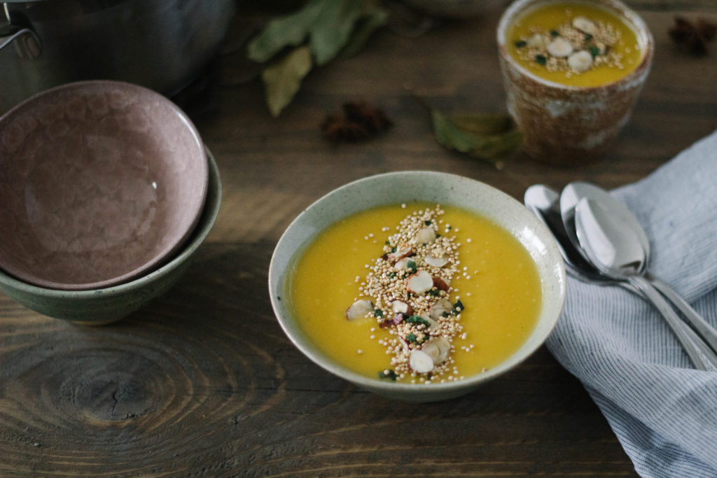 Sweet potato & jerusalem artichoke soup with anice & roasted quinoa