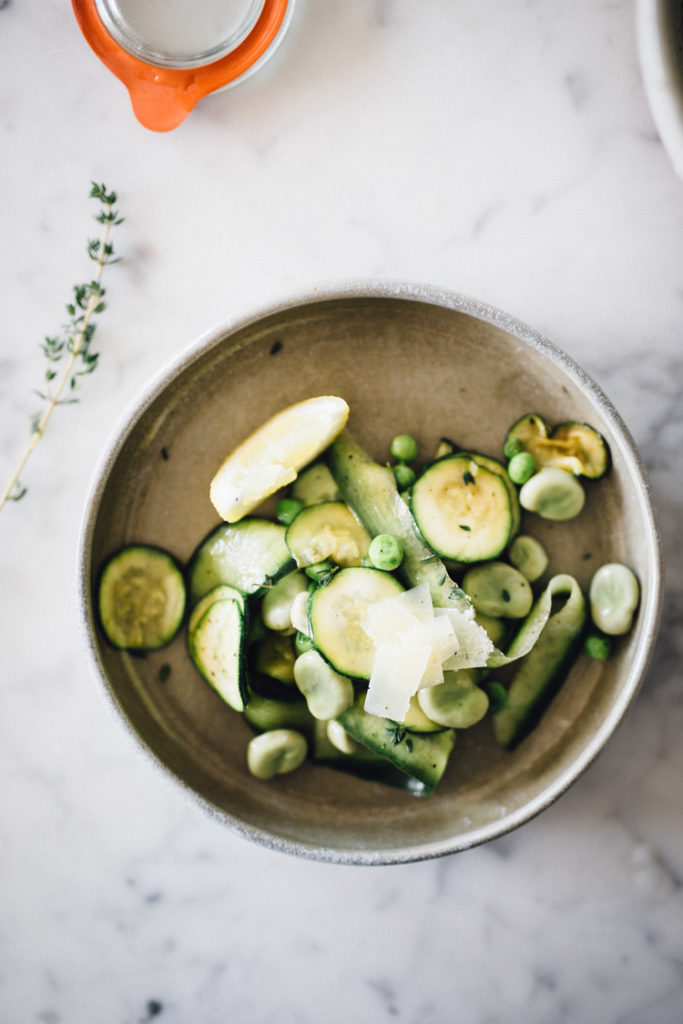 Spring Salad With Fried Zucchini, Peas and Pickled Cucumber