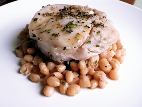 Braised hake with navy beans