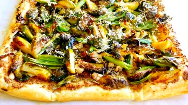 Brussells Sprouts and Green Onion Galette with Walnut Mustard
